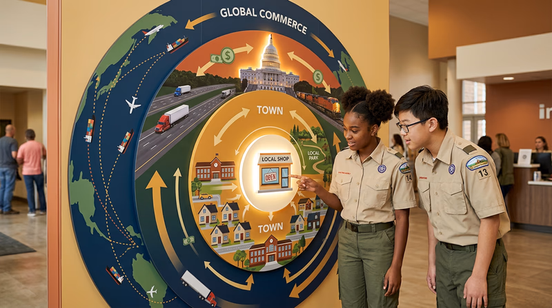 A visual showing concentric circles of economic impact — a small local shop at the center, surrounded by a town, a nation, and the globe, with arrows showing connections between levels