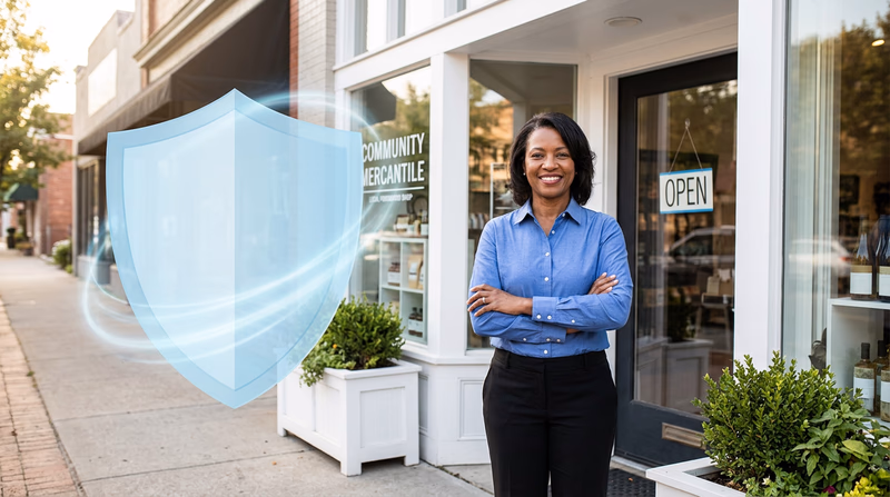 A business owner standing confidently outside a small shop, with a translucent shield graphic overlaying the scene symbolizing insurance protection