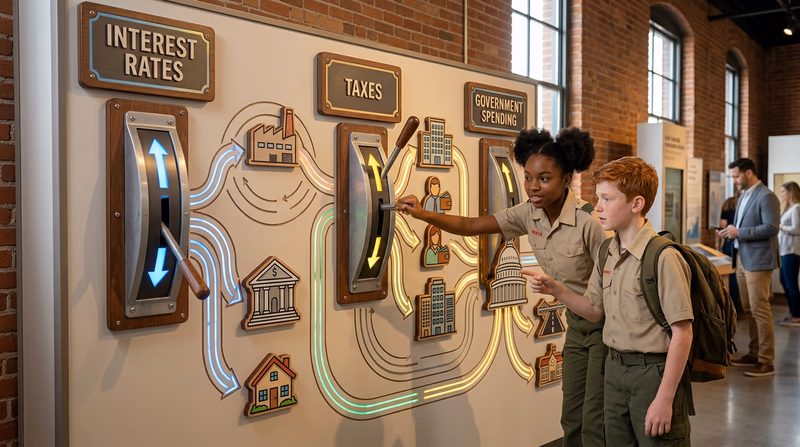 A clear, simple illustration showing three levers labeled Interest Rates, Taxes, and Government Spending, each connected by arrows to icons representing businesses, consumers, and the government
