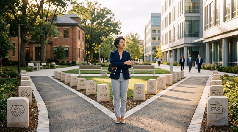 A young business professional standing at a crossroads with two paths — one labeled with dollar signs and shortcuts, the other labeled with a handshake and trust — symbolizing ethical decision-making