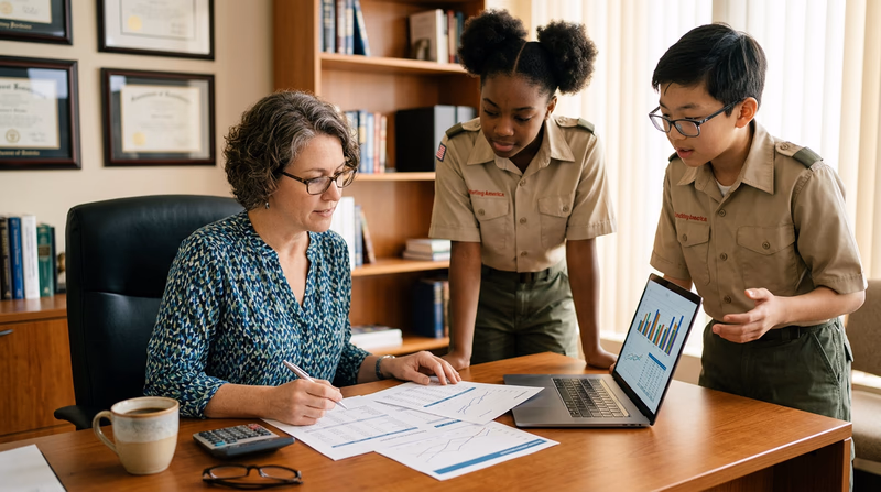 A business professional reviewing printed financial statements at a desk with a calculator, coffee cup, and laptop showing charts and graphs