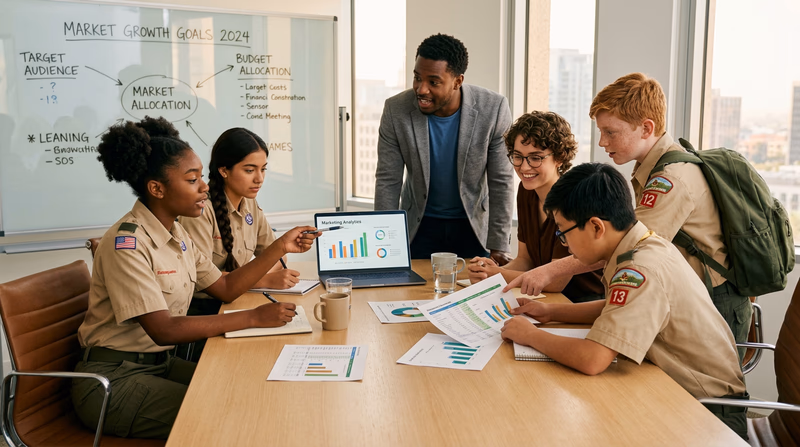 A diverse group of young professionals collaborating around a table with charts, laptops, and marketing materials, representing the five areas of business working together