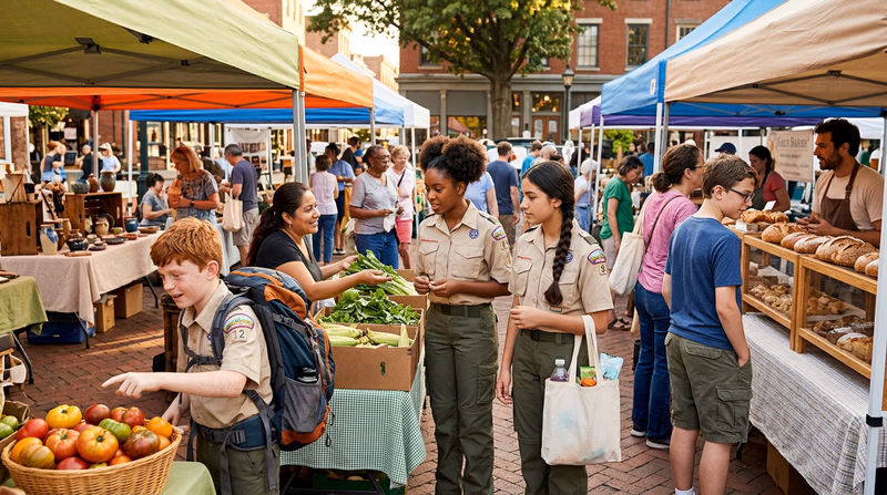 A vibrant farmers market scene showing multiple vendors competing for customers, with diverse shoppers making choices between different stalls