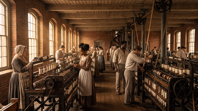 A historical scene showing an early American factory with water wheels, spinning machines, and workers — capturing the energy of the Industrial Revolution