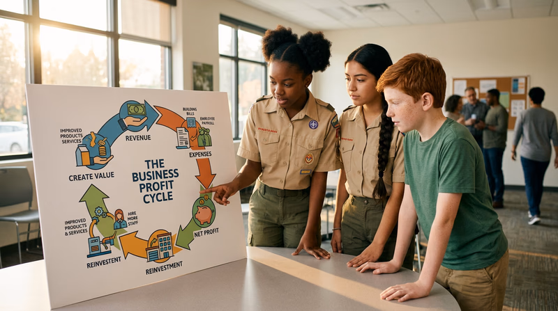A circular diagram showing how profit flows: business earns revenue, pays expenses, uses remaining profit to reinvest in the business, which creates more value and more revenue