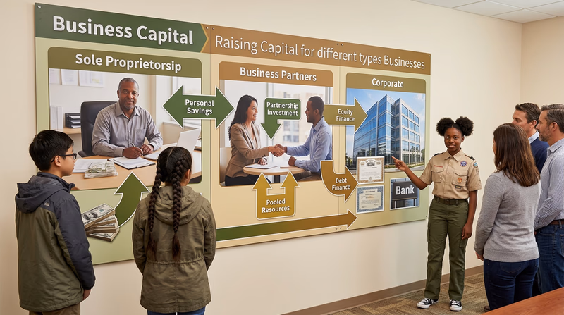 A visual diagram showing different paths for raising capital — a sole proprietor with personal savings, partners pooling resources, and a corporation with stock certificates, bonds, and bank documents