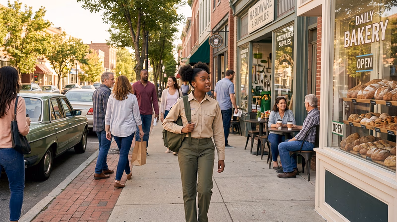 A Scout walking through a vibrant small-town business district, observing shop fronts and people at work