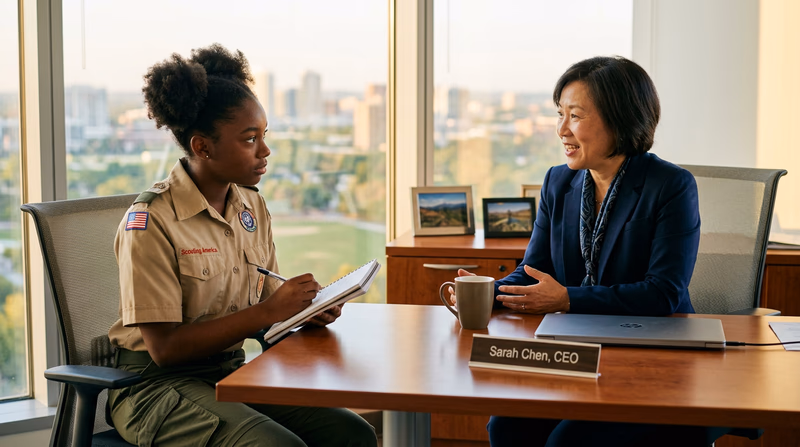 A Scout in uniform sitting across from a business professional in an office, taking notes during an interview conversation, both looking engaged
