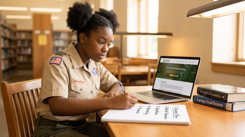 A Scout sitting at a desk with a notebook and laptop, researching a business — with notes organized into five sections labeled Accounting, Finance, Economics, Marketing, and Management