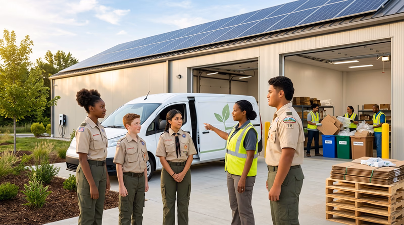 A split-scene showing a business warehouse with solar panels on the roof and an electric delivery van being loaded, while workers sort recyclable packaging materials inside