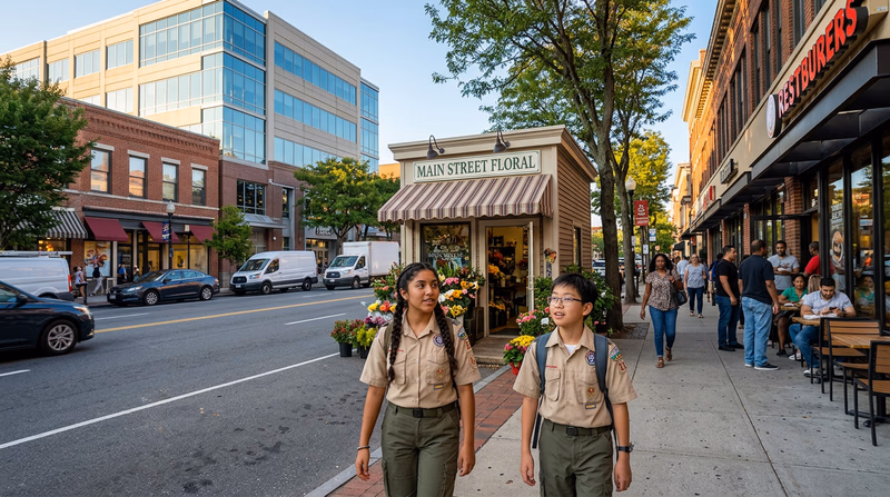 A busy American street showing different types of businesses side by side — a small family-owned shop, a corporate office building, and a franchise restaurant