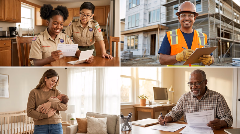 A collage of four workplace scenes: a teenager checking their pay stub, a construction worker wearing safety equipment, a parent holding a newborn at home, and a retiree reviewing financial documents