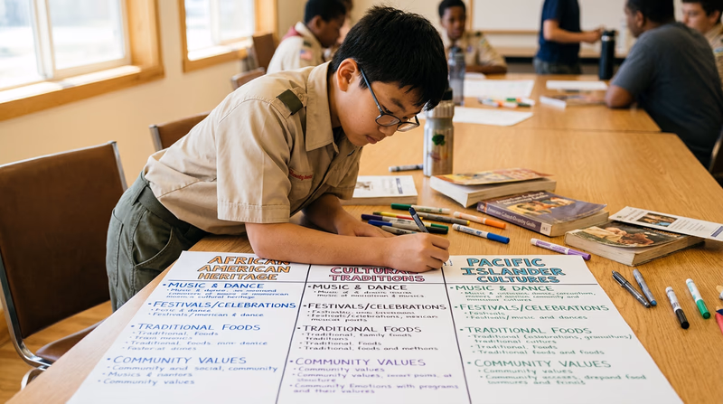A Scout creating a colorful three-column comparison chart on a large poster board, with each column representing a different cultural group