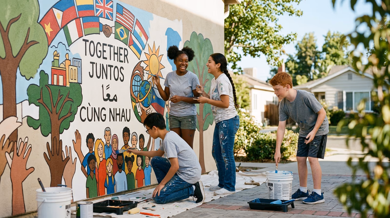 Scouts from diverse backgrounds working together on a community service project, painting a mural that celebrates cultural diversity in their neighborhood