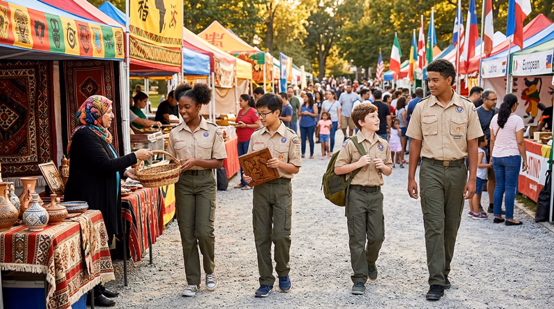 Scouts attending an outdoor cultural heritage festival with booths displaying art, food, and traditional clothing from different ethnic communities