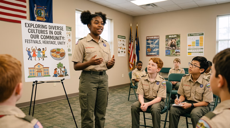 A Scout standing confidently in front of a troop meeting, gesturing while giving a talk, with a simple visual aid on an easel behind them