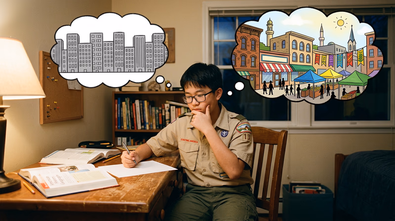 A Scout sitting at a desk with thought bubbles above their head, imagining a city skyline with architecture reflecting a single cultural tradition