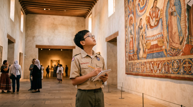 A Scout respectfully observing the interior architecture and decorations of a cultural institution, taking notes in a small notebook