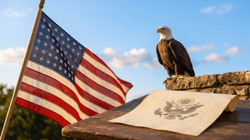 A collage of American symbols including the American flag waving, the Great Seal of the United States, and the bald eagle, set against a blue sky