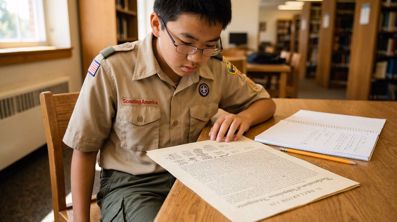 A Scout reading a printed copy of the Declaration of Independence at a desk, with a notebook and pencil nearby for rewriting