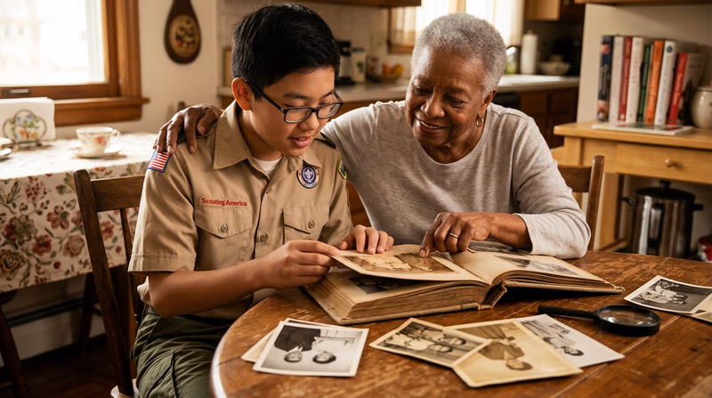 A Scout sitting with a grandparent, looking through an old family photo album together at a kitchen table