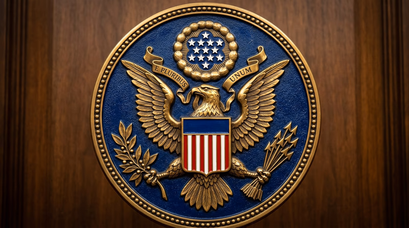 A detailed illustration of the front of the Great Seal of the United States, showing the bald eagle with olive branch and arrows