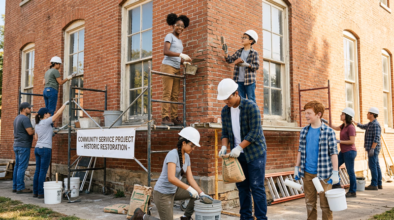 Volunteers working together to restore the exterior of a historic brick building, with scaffolding and tools visible