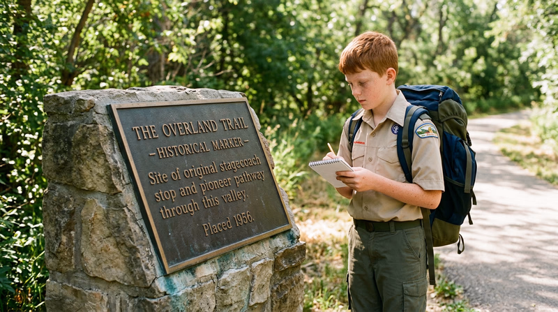 A Scout standing next to a historic trail marker, reading the information on the plaque with a notepad in hand