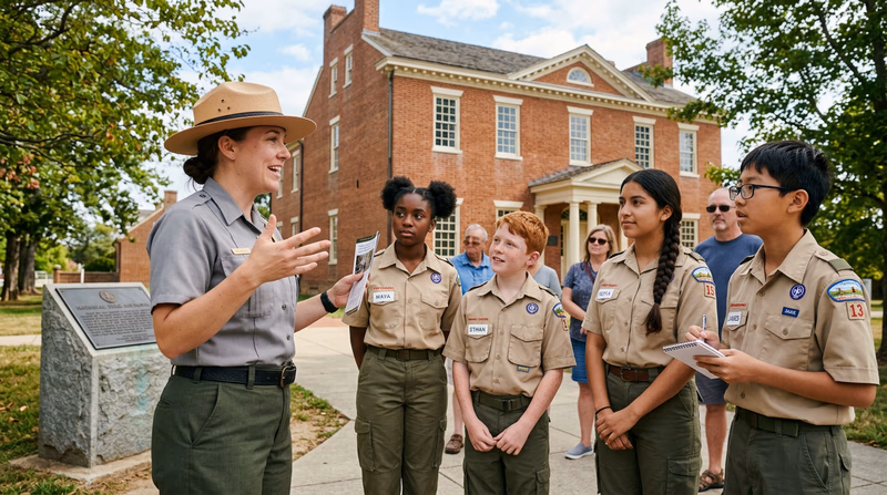 A National Park Service ranger in uniform giving a presentation to a group of visitors at a historic site, with a historic building in the background