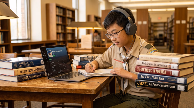 A Scout wearing headphones in a library, surrounded by books and a laptop, listening to historical music recordings and taking notes