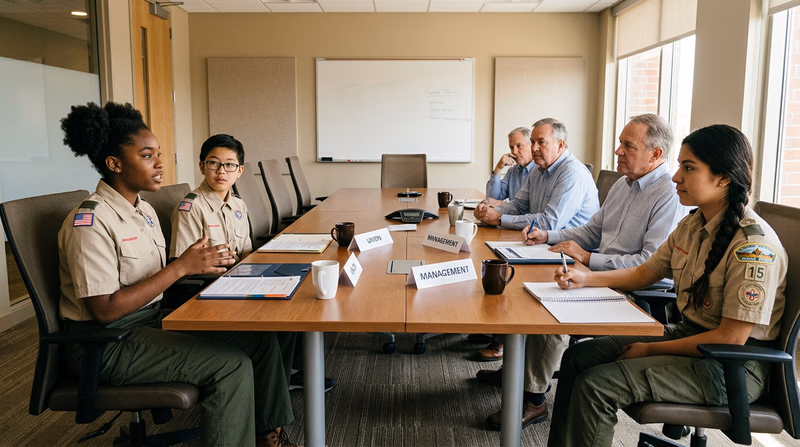An illustrated scene of union representatives and management sitting across from each other at a long table with documents, representing a collective bargaining session
