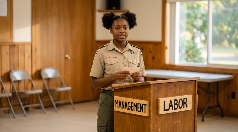 A Scout standing at a simple podium with note cards, preparing to present arguments about management and labor perspectives