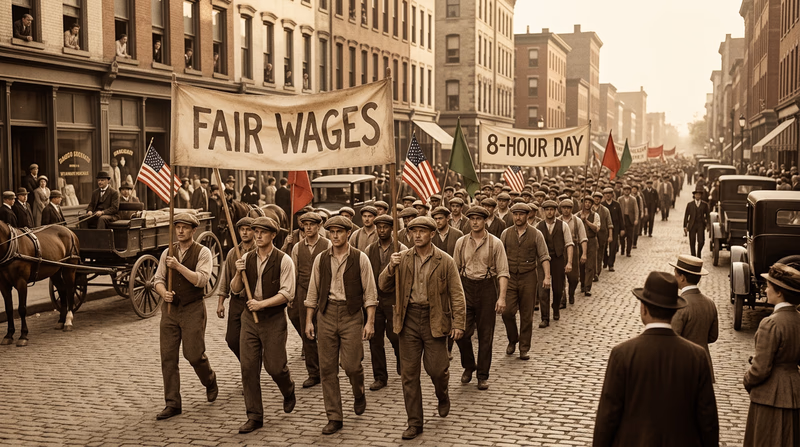 A historical scene of workers marching with banners during an early 1900s labor parade on a city street