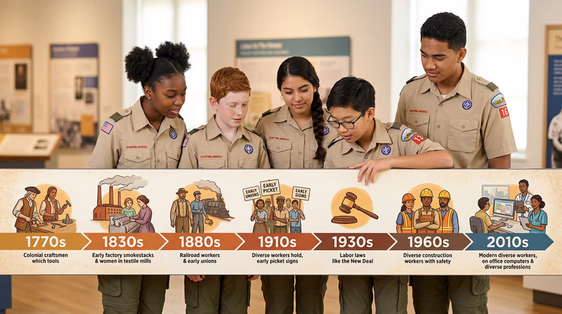 An illustrated horizontal timeline showing key labor milestones from the 1770s to the present, with small icons representing events like early craftsmen, factory workers, picket lines, and modern workers