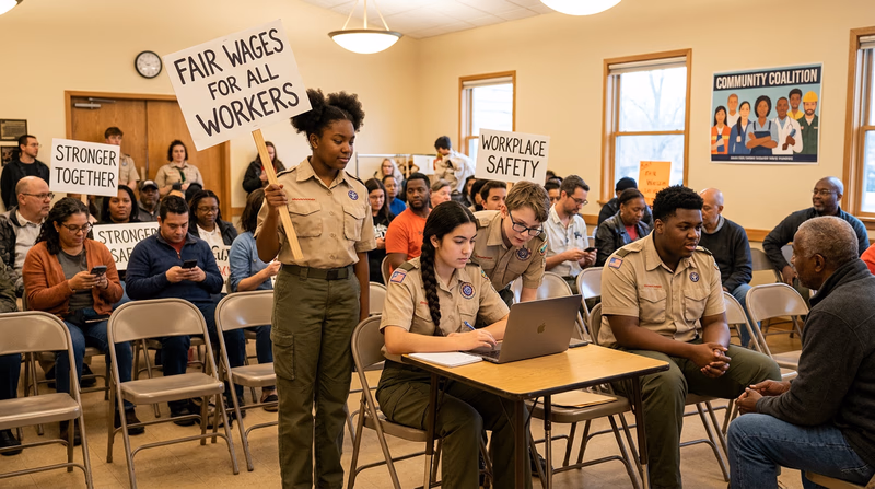A diverse group of young workers at a community meeting, some holding signs about fair wages, others looking at laptops and phones, representing modern labor organizing