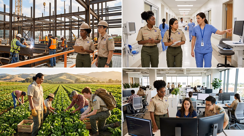 A split-panel illustration showing four different workplaces: a construction site, a hospital, a farm field, and a modern office with computers