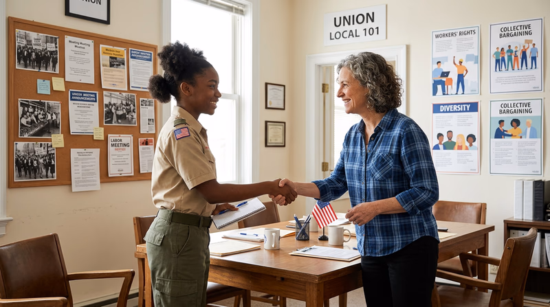 A Scout in clean uniform shaking hands with a union representative in an office, with labor posters and a meeting table visible in the background