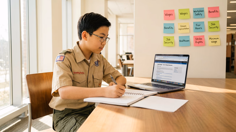 A Scout sitting at a desk with an open notebook, researching worker concerns on a laptop, with sticky notes on the wall behind them listing topics like wages, safety, and benefits