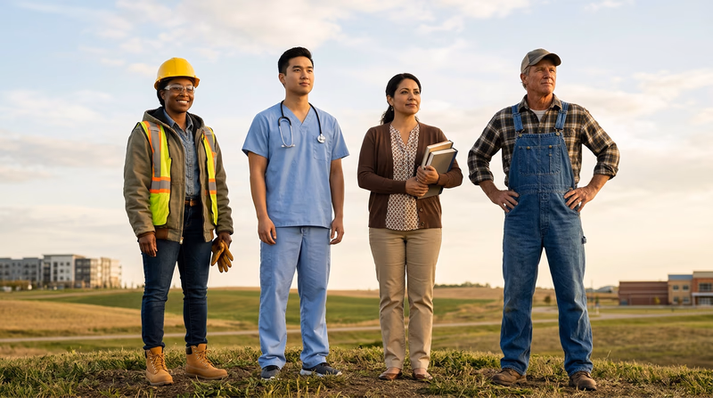 A diverse group of American workers in different professions — construction, healthcare, education, agriculture — standing together confidently