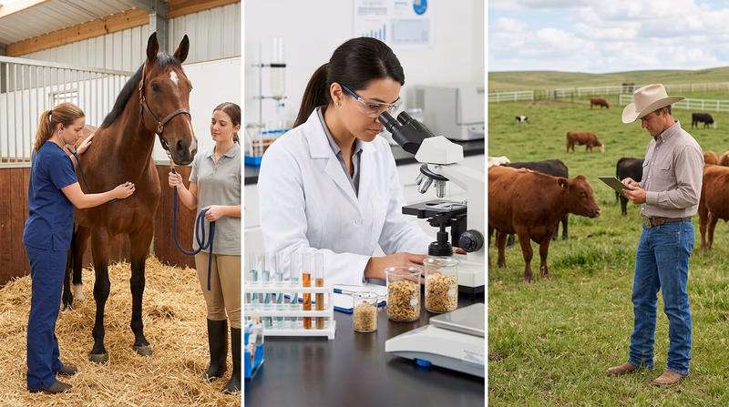 A collage showing three animal science careers: a veterinarian examining a horse, a nutritionist analyzing feed samples in a lab, and a ranch manager checking cattle in a pasture