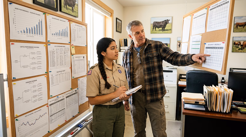 A Scout looking at a bulletin board showing cattle performance records, EPD charts, and pedigree information, with a mentor pointing out key data points