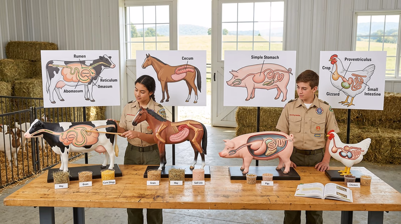 A side-by-side educational diagram showing simplified outlines of four digestive systems: a ruminant with four stomach compartments labeled, a horse with its large cecum highlighted, a pig with its simple stomach, and a chicken with its crop and gizzard labeled