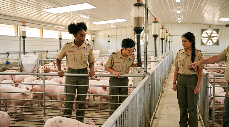 Interior of a clean, well-ventilated hog barn showing pigs in pens with automated feeders and waterers, with good lighting and slatted flooring