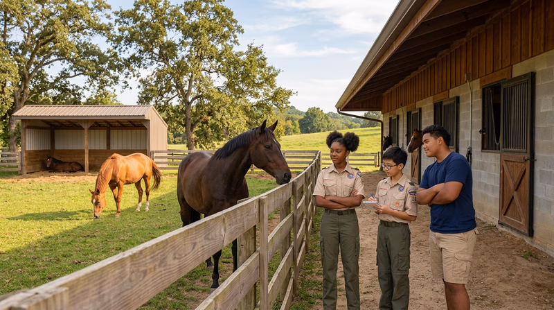 A well-designed horse barn with an attached paddock, showing board fencing, a run-in shed for shade, and two horses grazing on green pasture