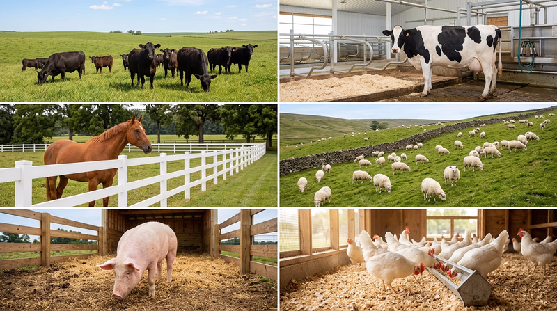 A collage showing six types of livestock: beef cattle in a green pasture, a dairy cow being milked, a horse in a paddock, sheep on a hillside, a goat browsing shrubs, a pig in a clean pen, and chickens in a well-ventilated coop