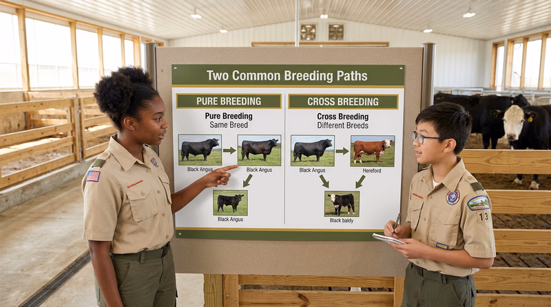 An educational diagram showing two paths: on the left, a purebred Angus bull bred to a purebred Angus cow producing a purebred Angus calf; on the right, an Angus bull bred to a Hereford cow producing a crossbred calf with traits from both breeds