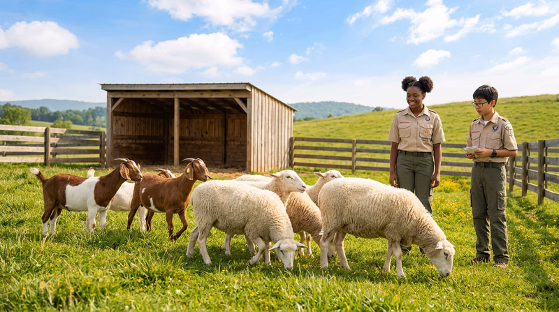 A mixed scene showing a small flock of sheep and a few goats grazing on a green hillside pasture with a simple shelter and board fencing in the background