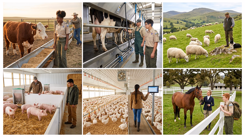 Six panels showing each specialty: a beef steer in a feedlot, a dairy cow being milked, a horse in a paddock, sheep on a green hillside, a pig in a clean pen, and chickens in a well-ventilated coop