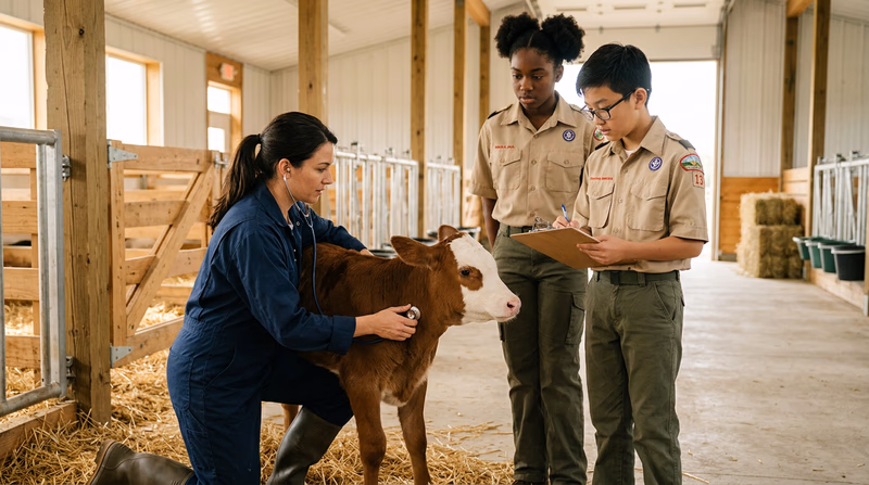 A veterinarian in clean work clothes examining a calf in a barn while a Scout in a clean uniform observes and takes notes