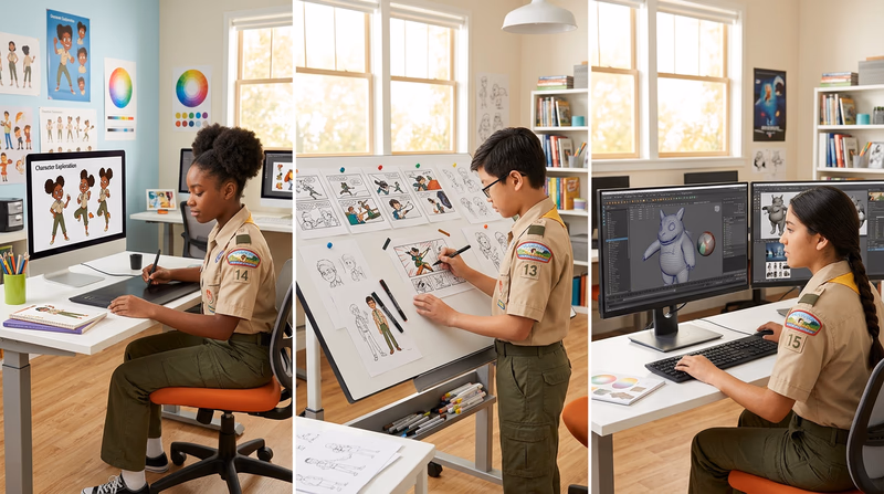 Three side-by-side panels showing different animation careers: a character animator at a tablet bringing a digital character to life, a storyboard artist sketching sequential panels on a large drawing board, and a 3D modeler sculpting a virtual character on a dual-monitor setup